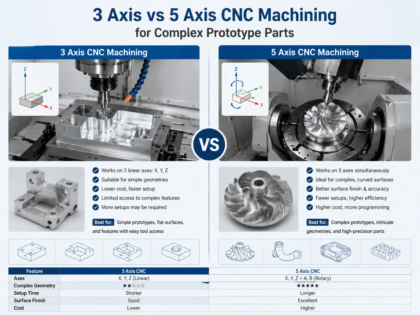 3 axis and 5 axis CNC machining comparison for complex prototype parts