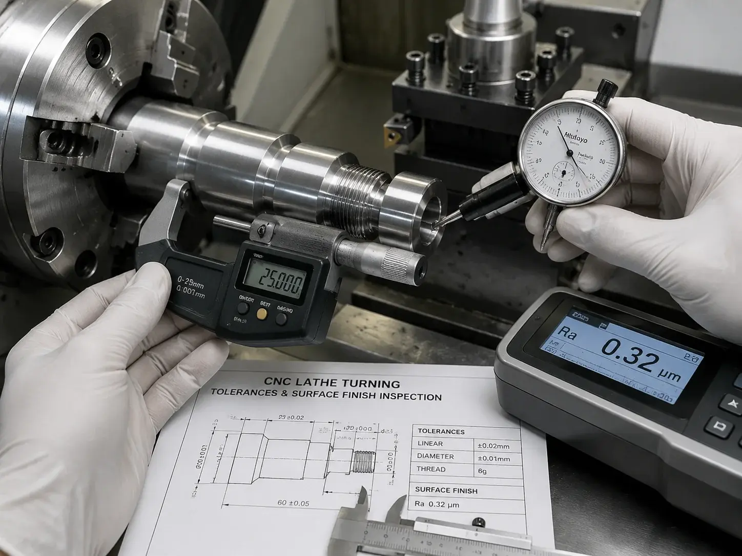 CNC lathe turning tolerances and surface finish inspection with precision measurement tools