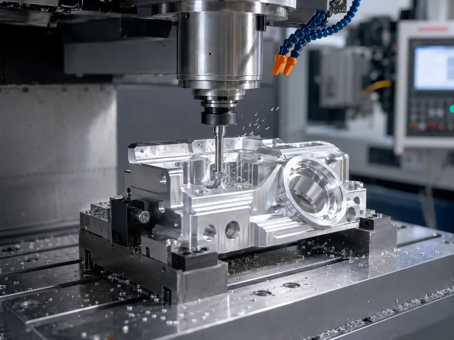 CNC machine cutting aluminum functional prototype part with precision tooling