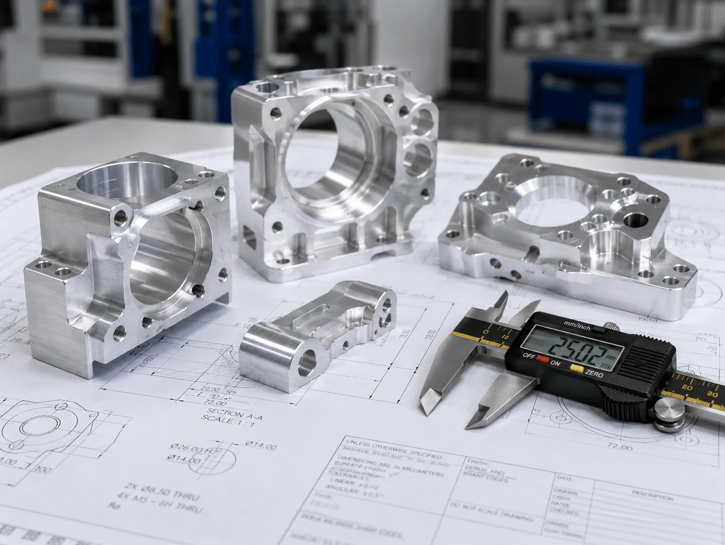 CNC machined aluminum prototype parts on engineering drawings with calipers