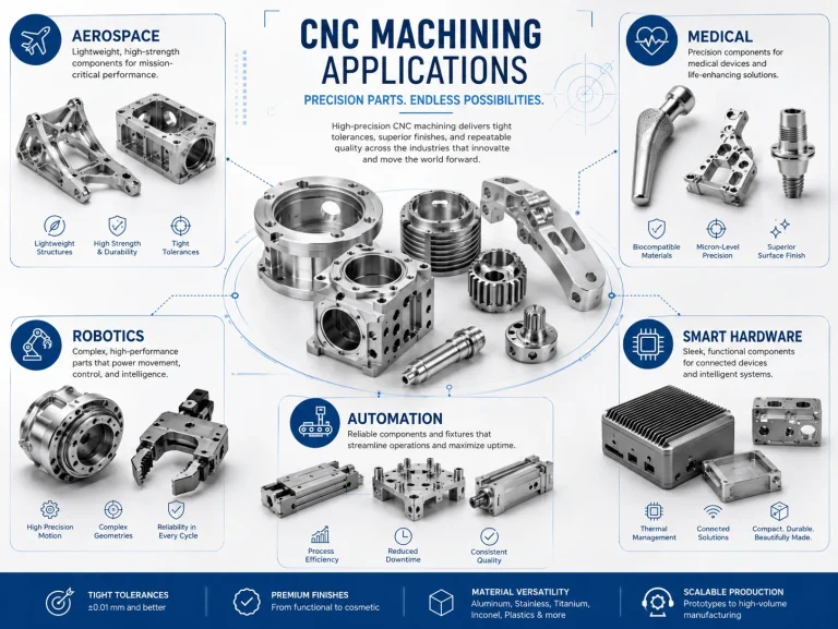 CNC machining applications across aerospace, medical, robotics, automation, and smart-hardware industries