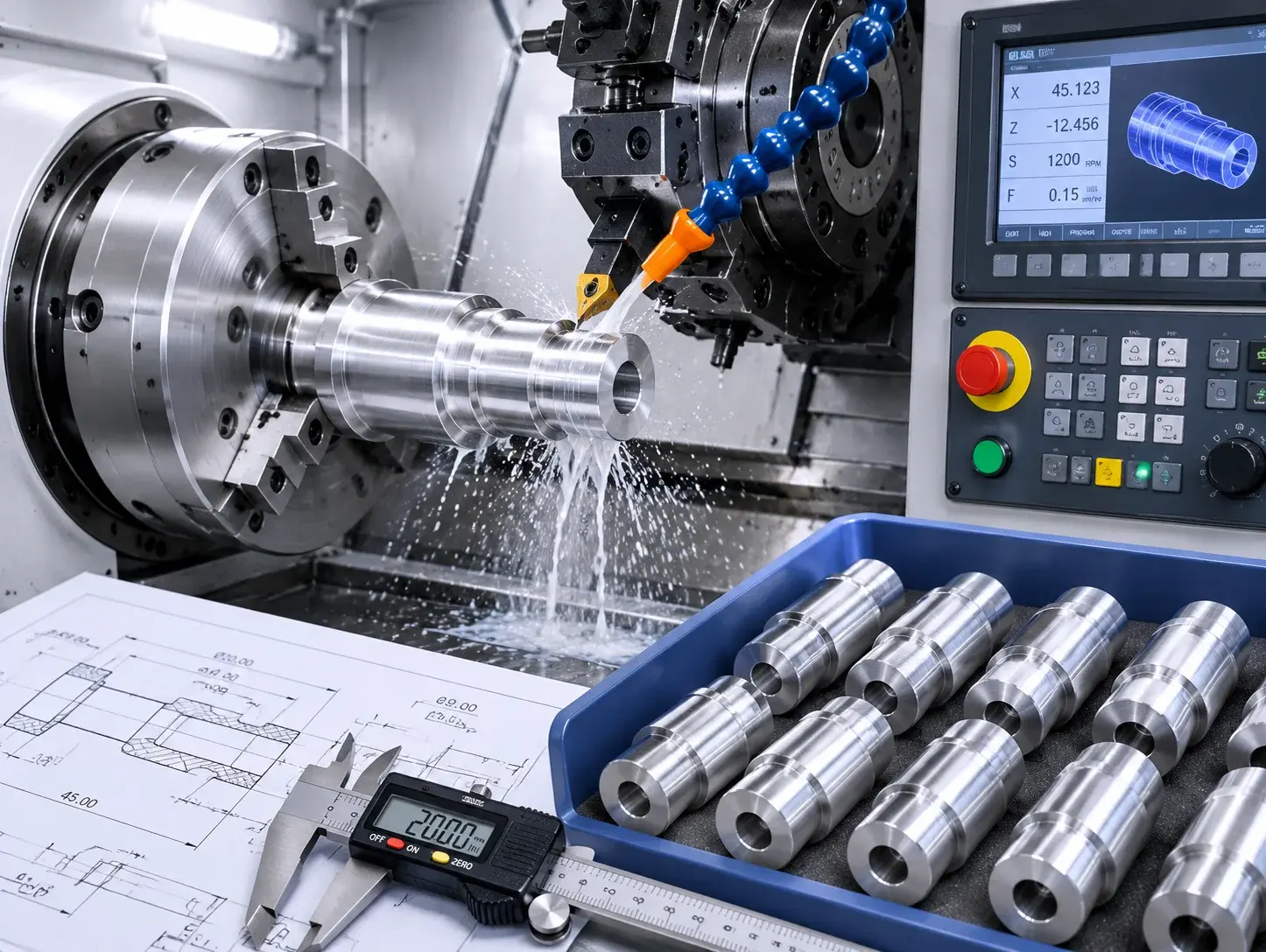 CNC turning machine producing precision cylindrical parts for prototype manufacturing