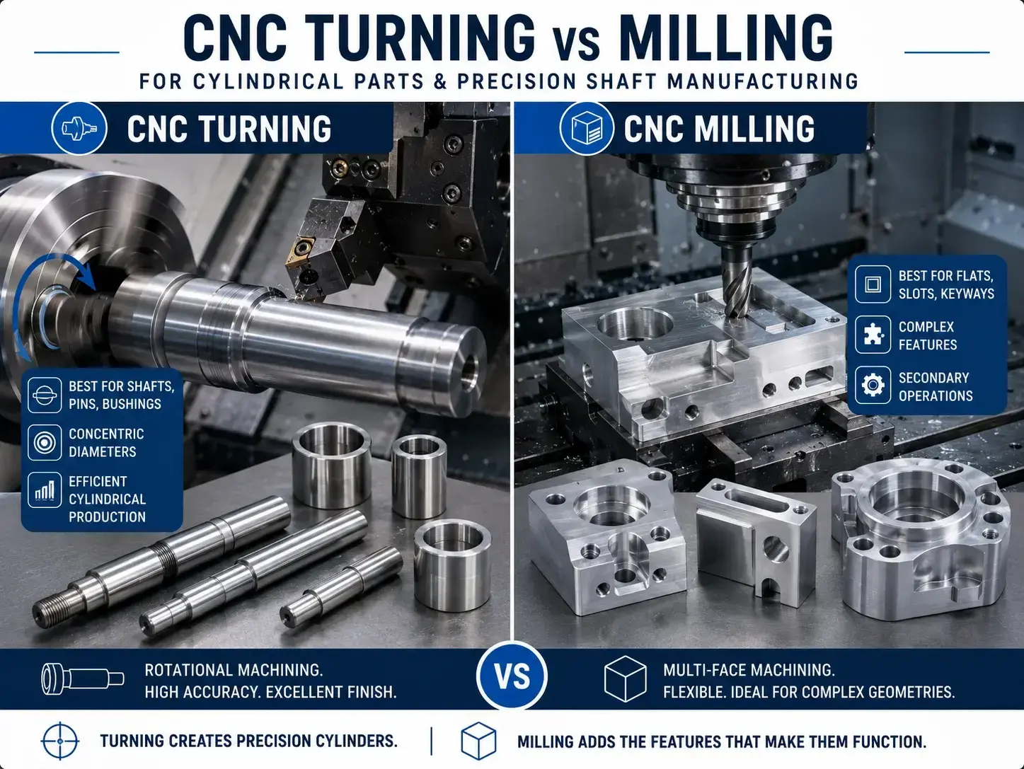 CNC turning vs milling for cylindrical parts and precision shaft manufacturing