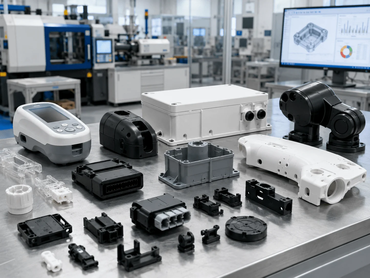 Custom injection molding applications across medical, automotive, electronics, and industrial equipment