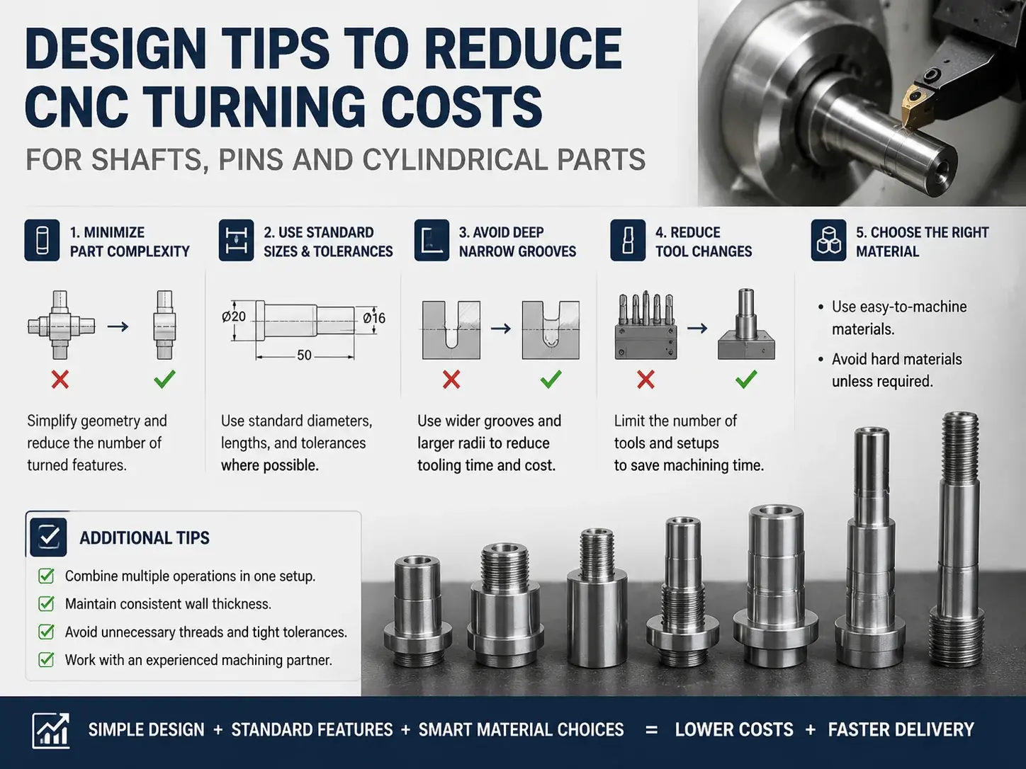 Design tips to reduce CNC turning costs for shafts pins and cylindrical parts
