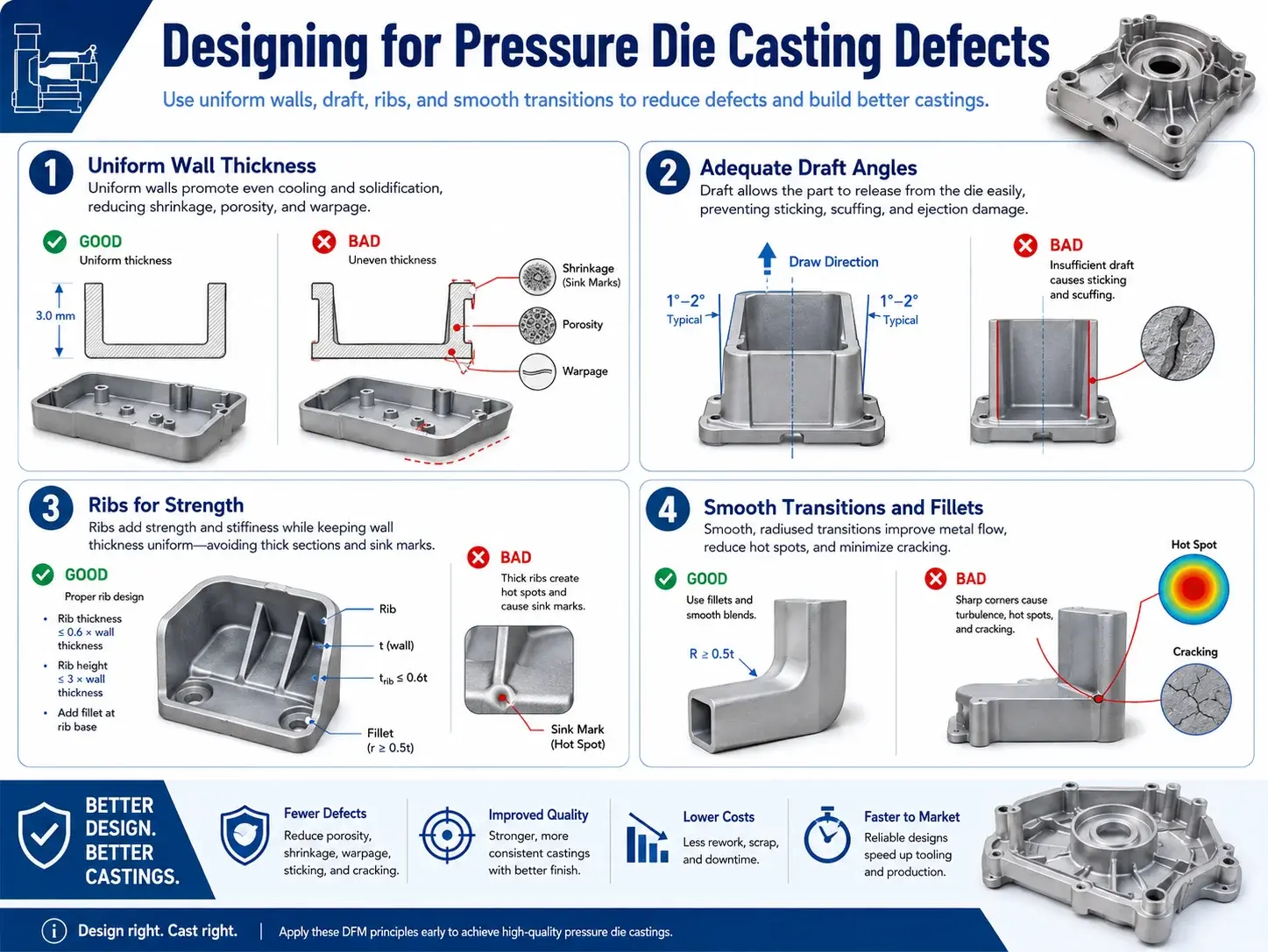 Designing for pressure die casting defects using uniform walls, draft, ribs, and smooth transitions