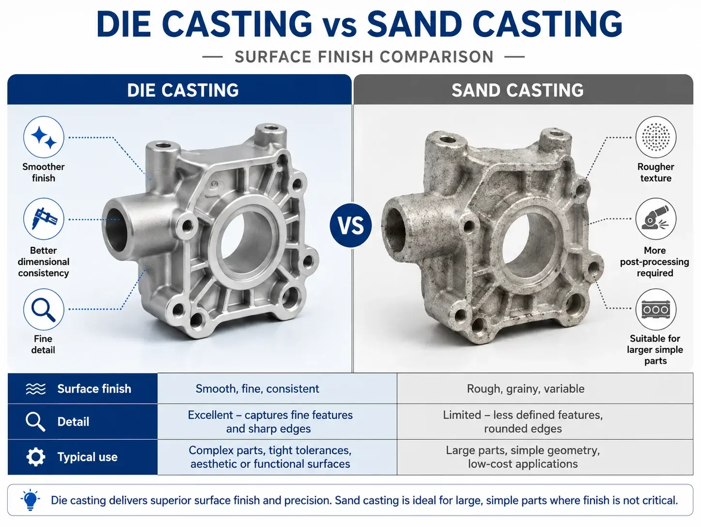 Die casting vs sand casting surface finish comparison for industrial metal components