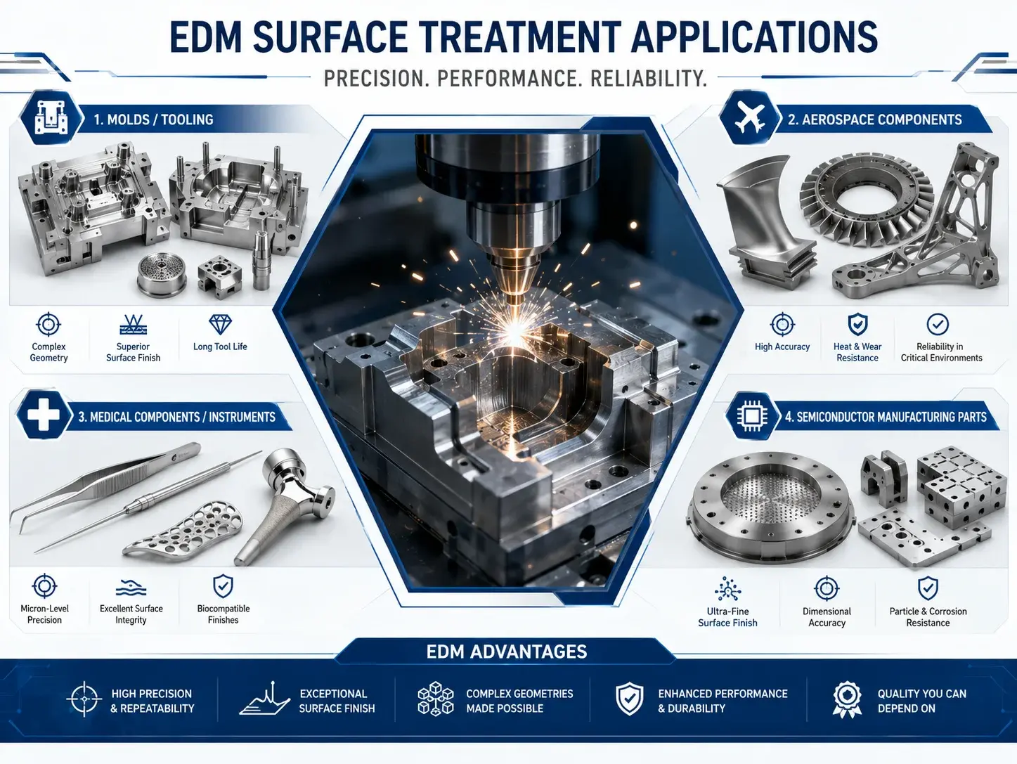 EDM surface treatment applications in molds, aerospace, medical, and semiconductor manufacturing