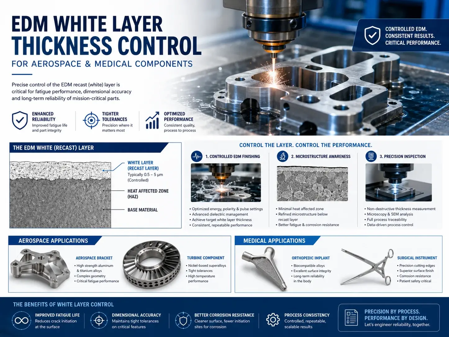 EDM white layer thickness control for aerospace and medical components