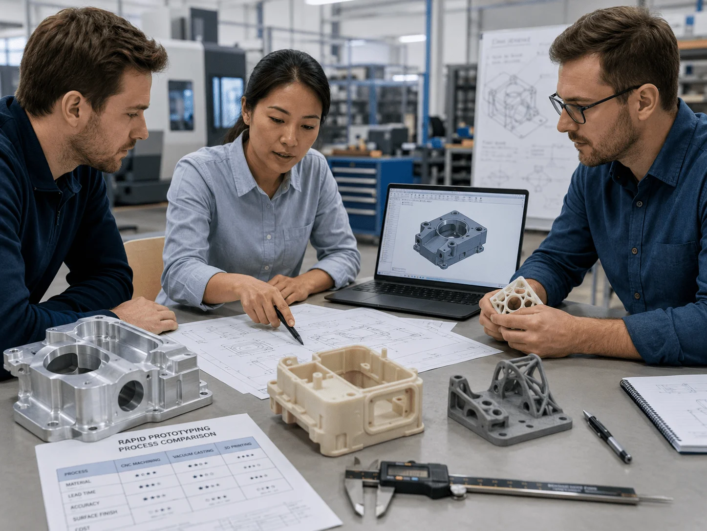 Engineers reviewing CAD drawings and prototype parts for rapid prototyping process selection