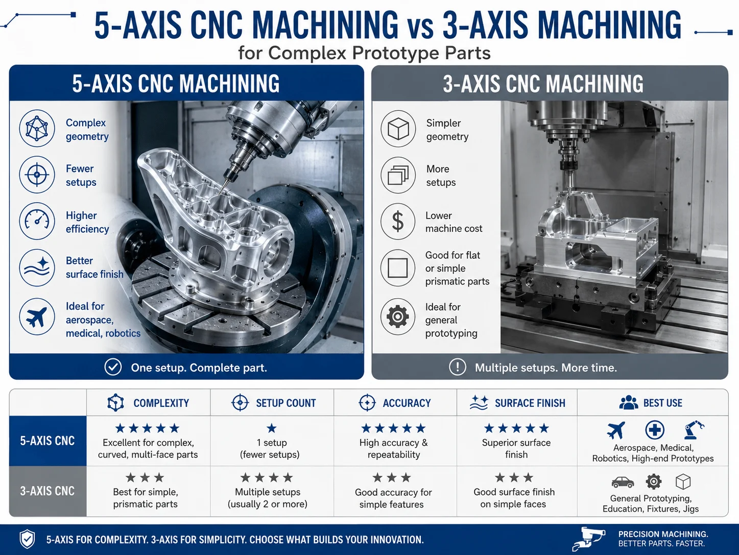 Five-axis CNC machining versus three-axis machining for complex prototype parts