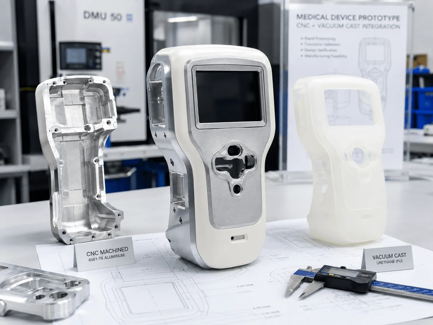 Handheld medical diagnostic device housing prototype with CNC and vacuum casting components