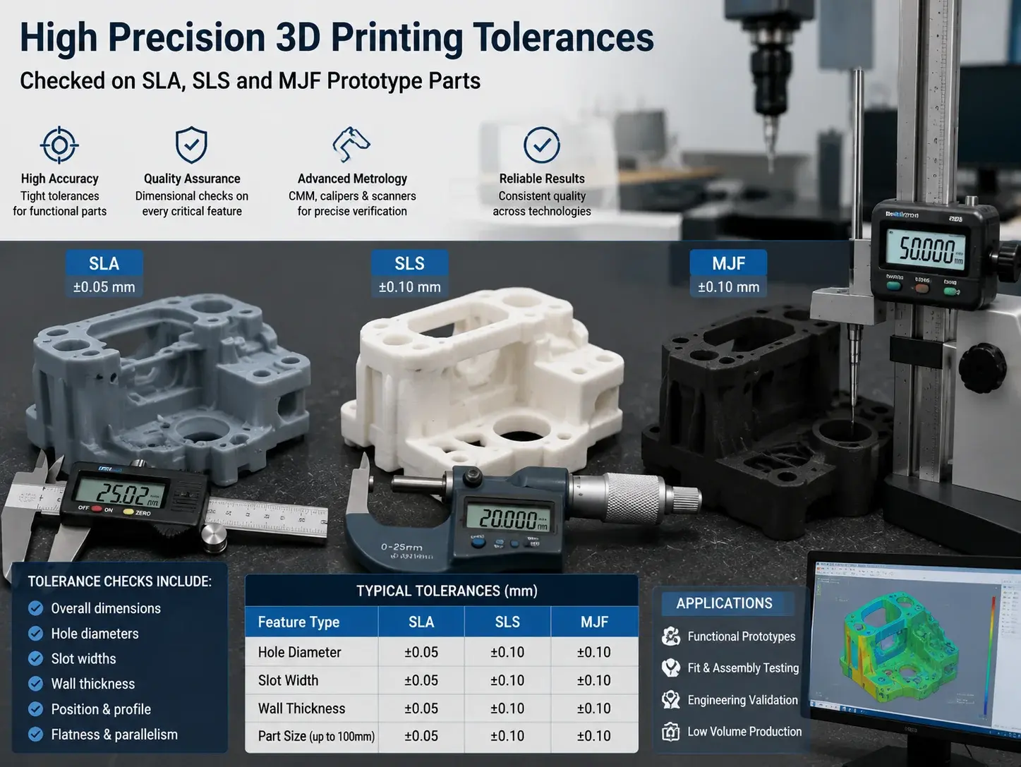High precision 3D printing tolerances checked on SLA SLS and MJF prototype parts