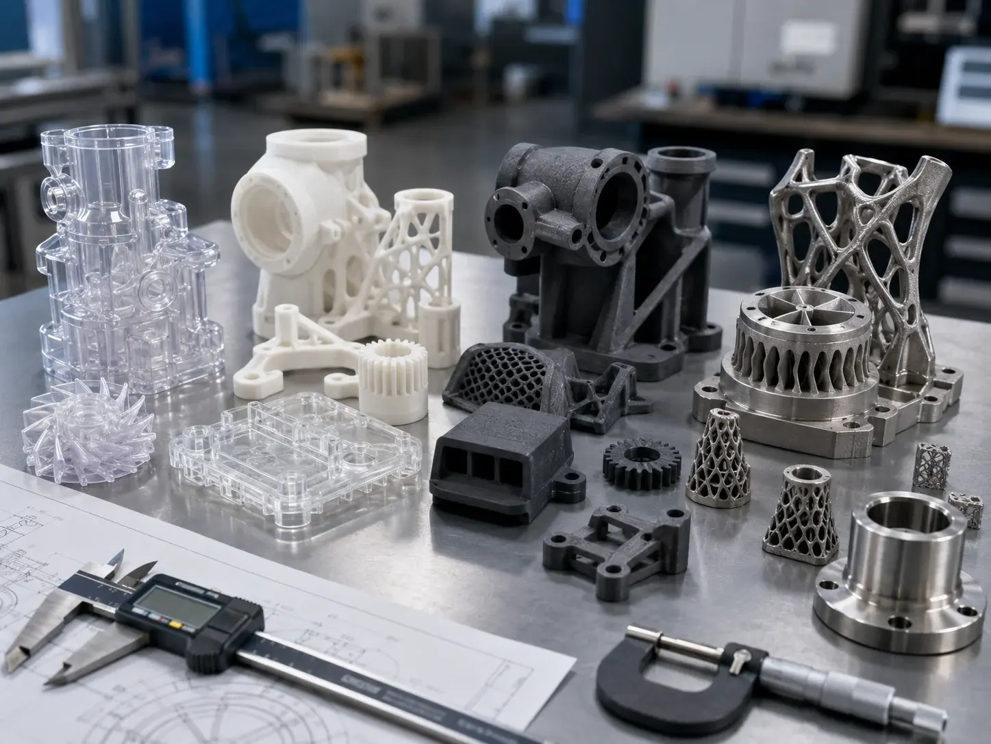 Industrial 3D printed prototype parts made with SLA SLS MJF and metal additive manufacturing
