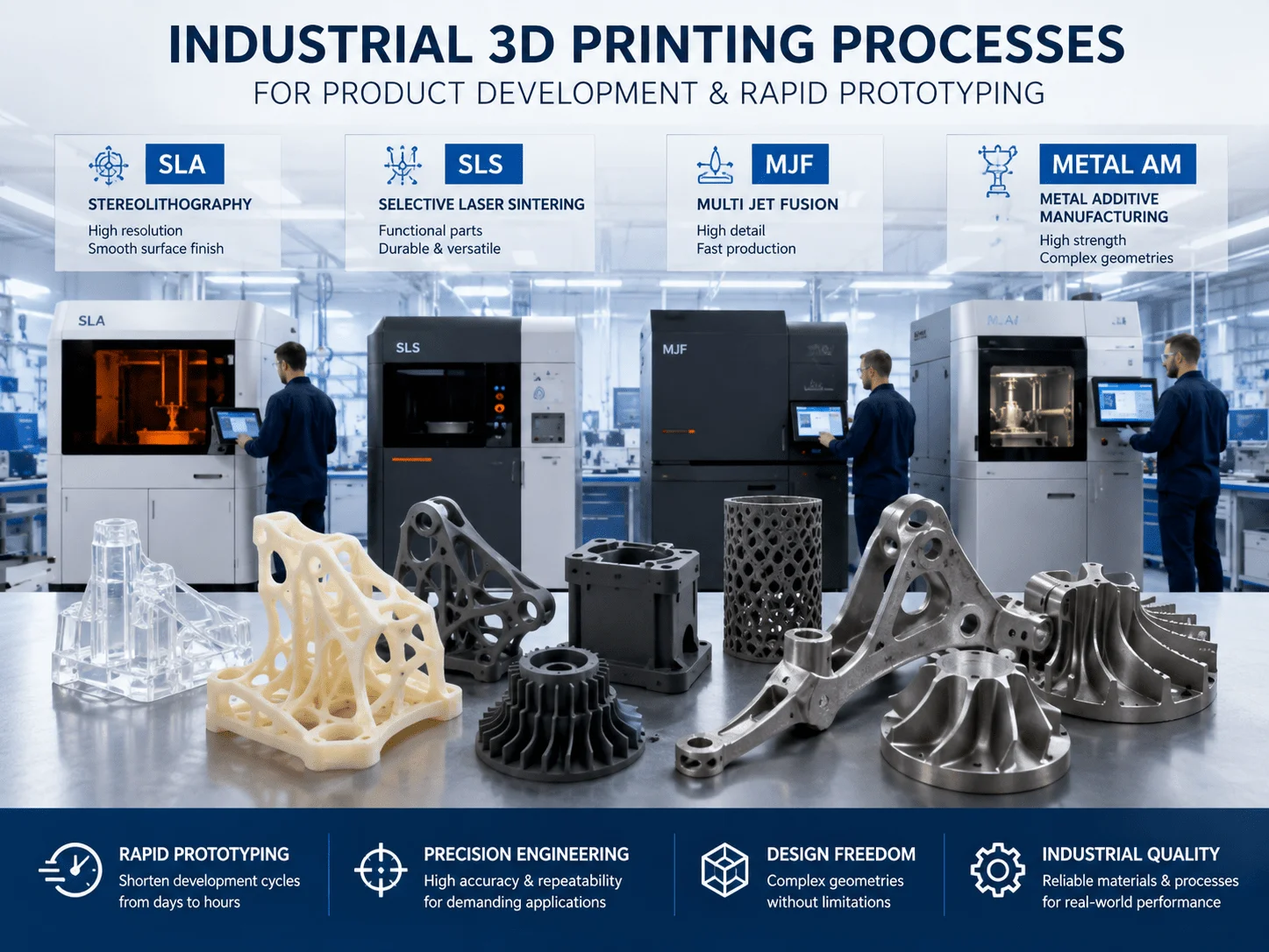 Industrial 3D printing processes for product development and rapid prototyping