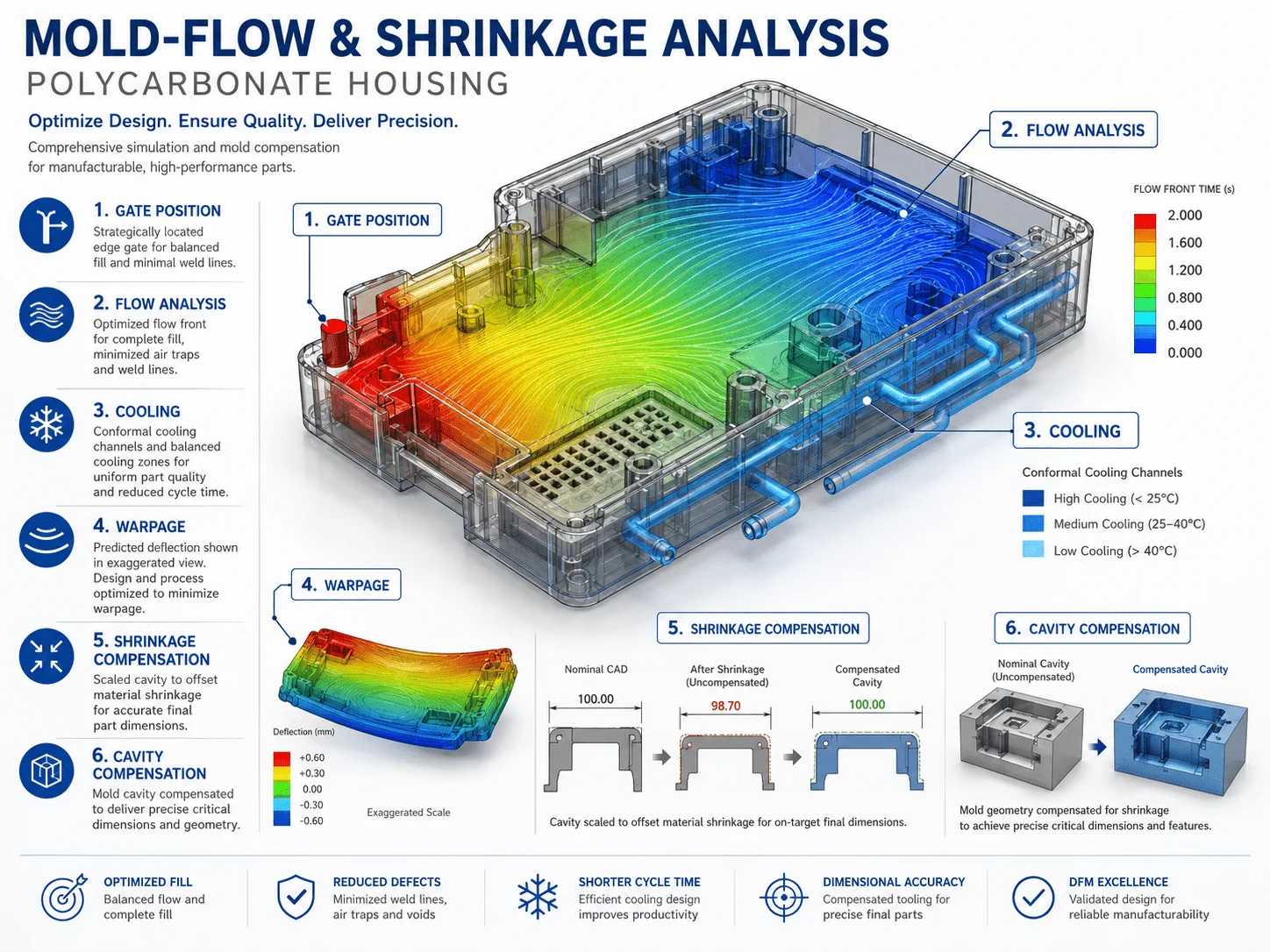 Injection molding shrinkage rate for polycarbonate and warpage control