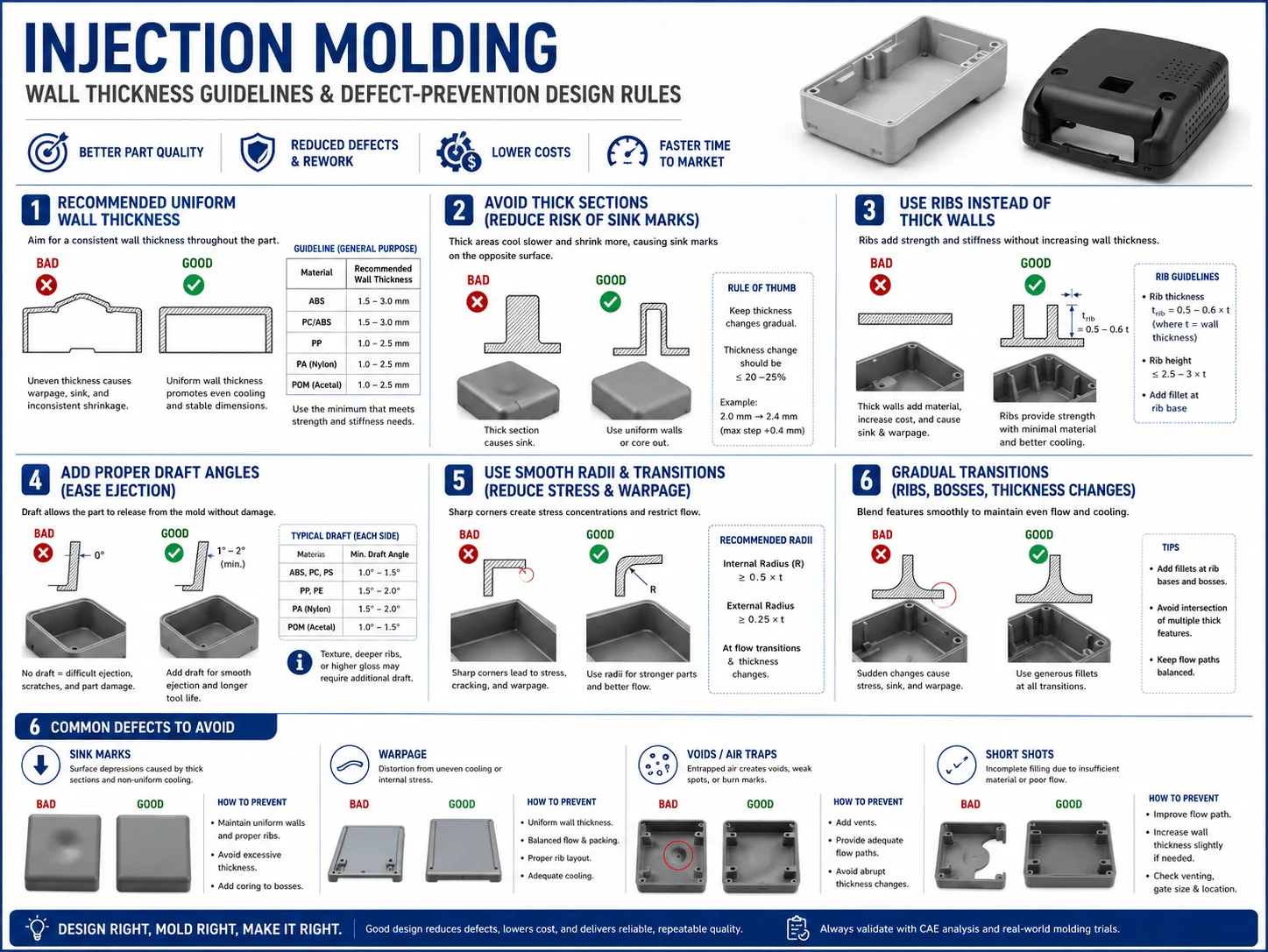Injection molding wall thickness guidelines and defect-prevention design rules