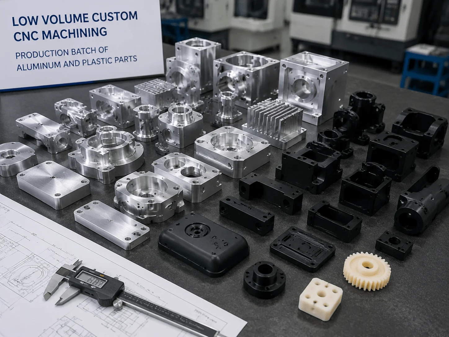 Low volume custom CNC machining production batch of aluminum and plastic parts
