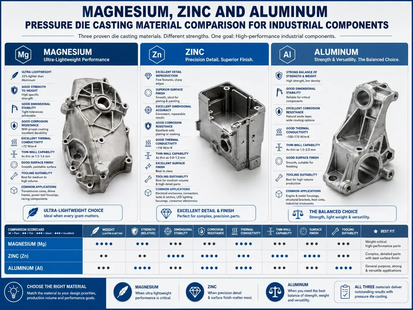 Magnesium zinc and aluminum pressure die casting material comparison for industrial components
