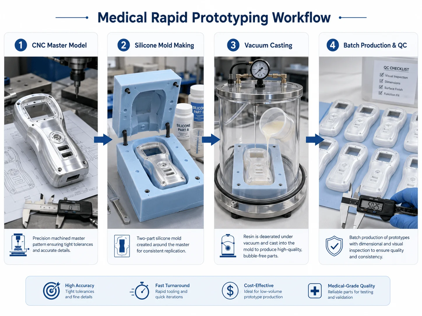 Medical rapid prototyping workflow from CNC master model to vacuum casting batch production