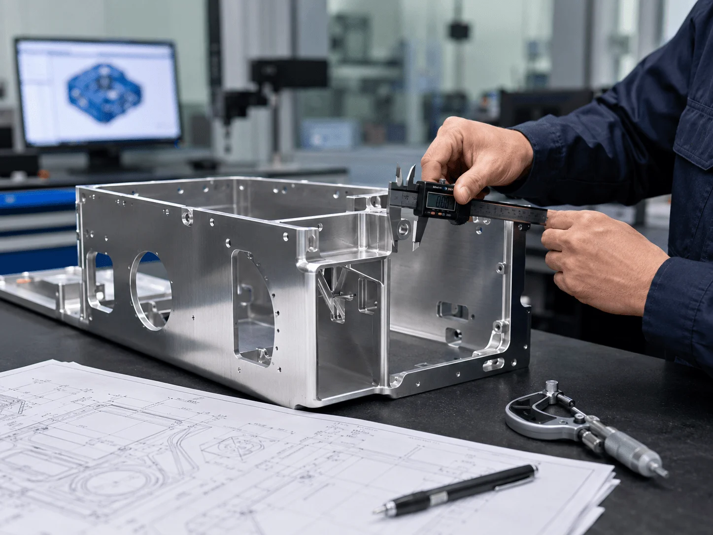 Precision aerospace sheet metal fabrication tolerances checked during prototype inspection