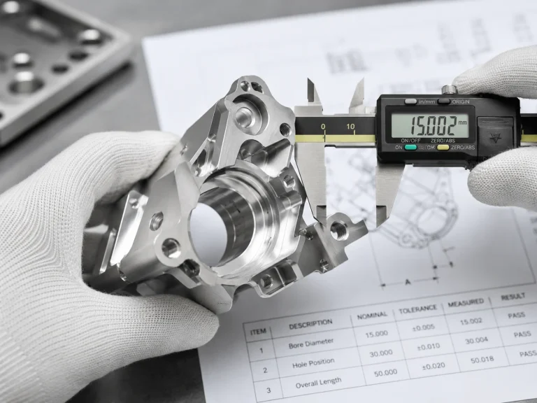 Precision inspection of CNC machined medical component with tolerance measurement