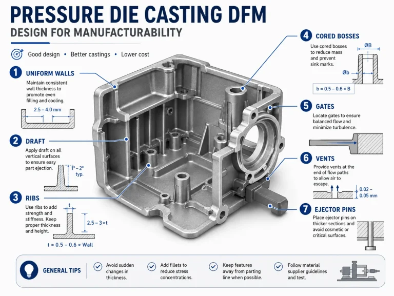 Pressure die casting design guidelines for wall thickness, draft angles, and ribs