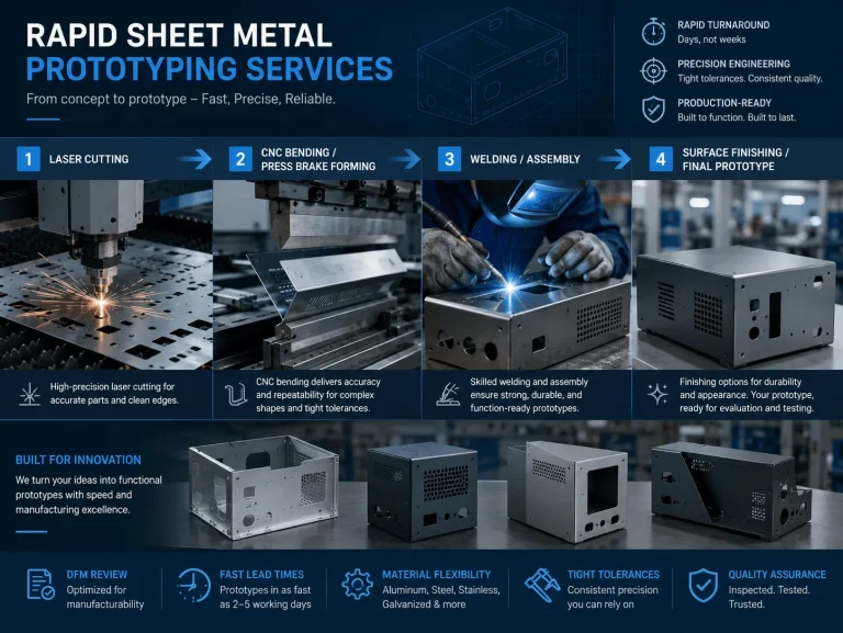 Rapid sheet metal prototyping services workflow including laser cutting bending welding and finishing
