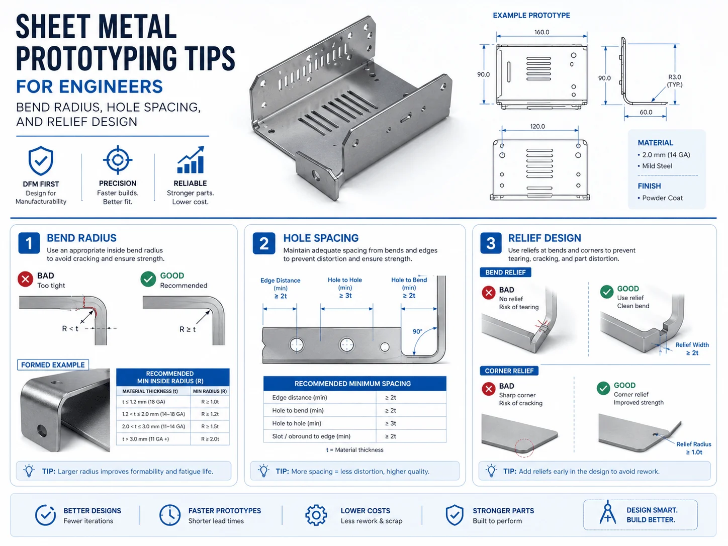 Sheet metal prototyping tips for engineers covering bend radius, hole spacing, and relief design