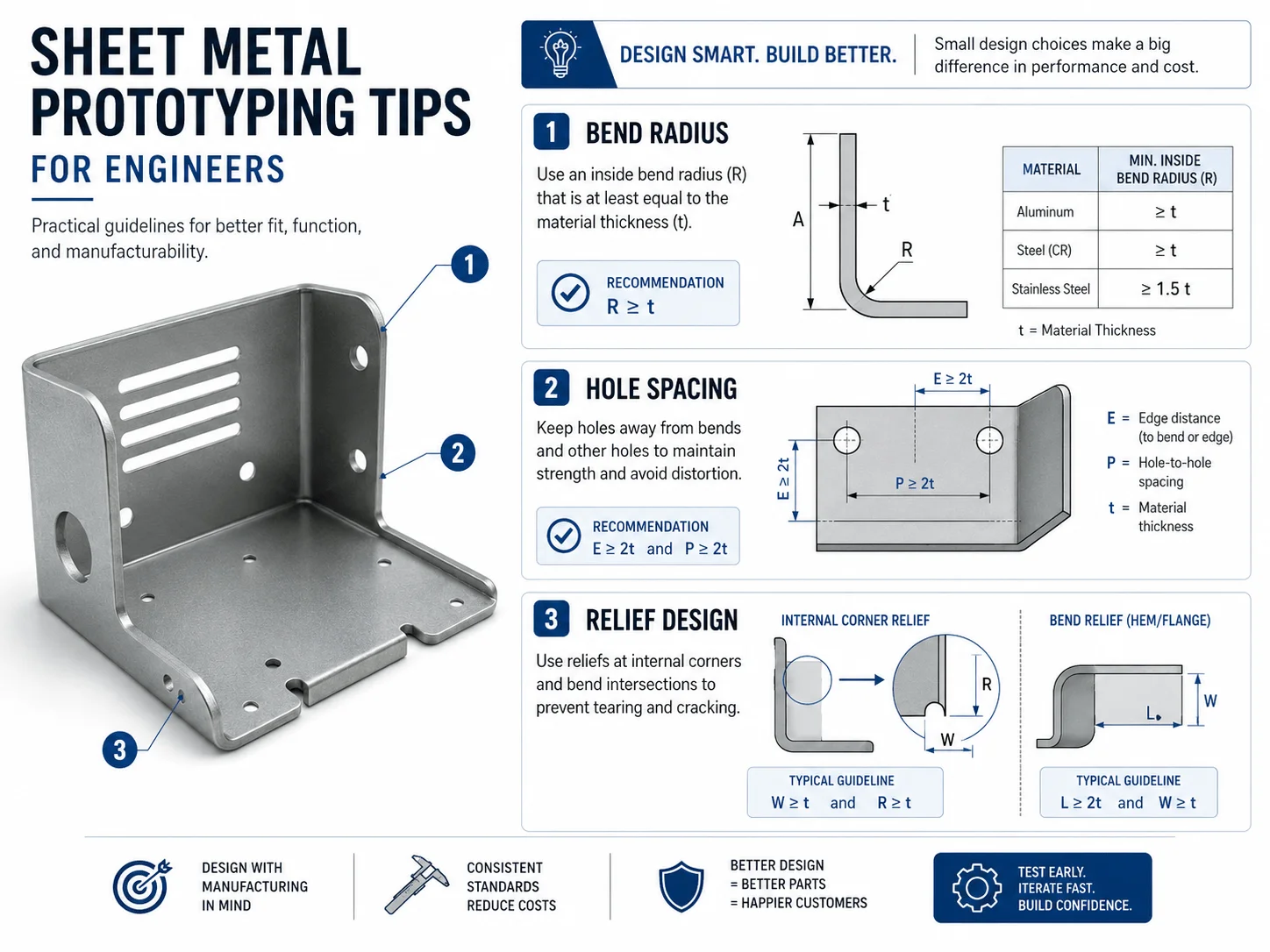 Sheet metal prototyping tips for engineers covering bend radius hole spacing and relief design