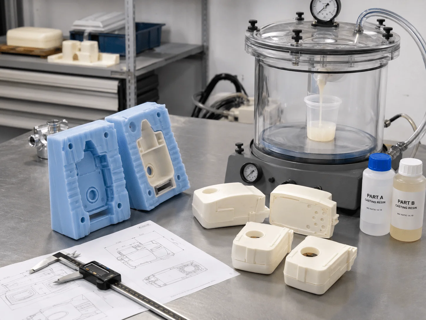 Silicone mold and vacuum casting process for low volume plastic prototype parts