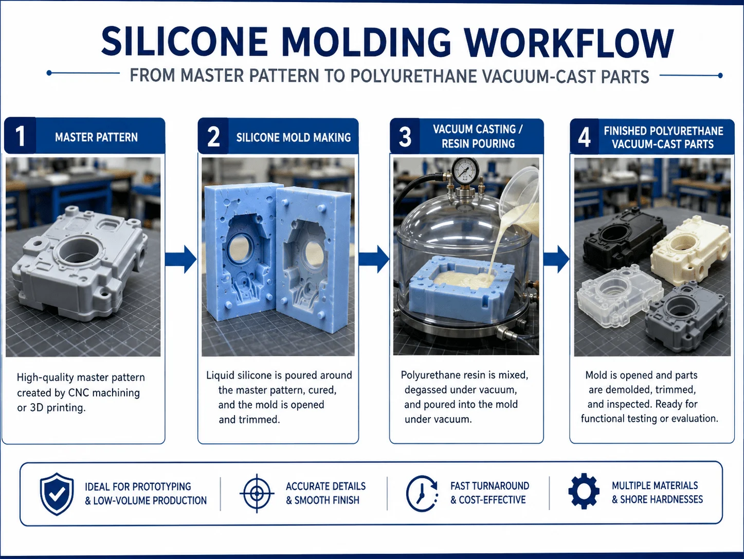 Silicone molding workflow from master pattern to polyurethane vacuum-cast parts