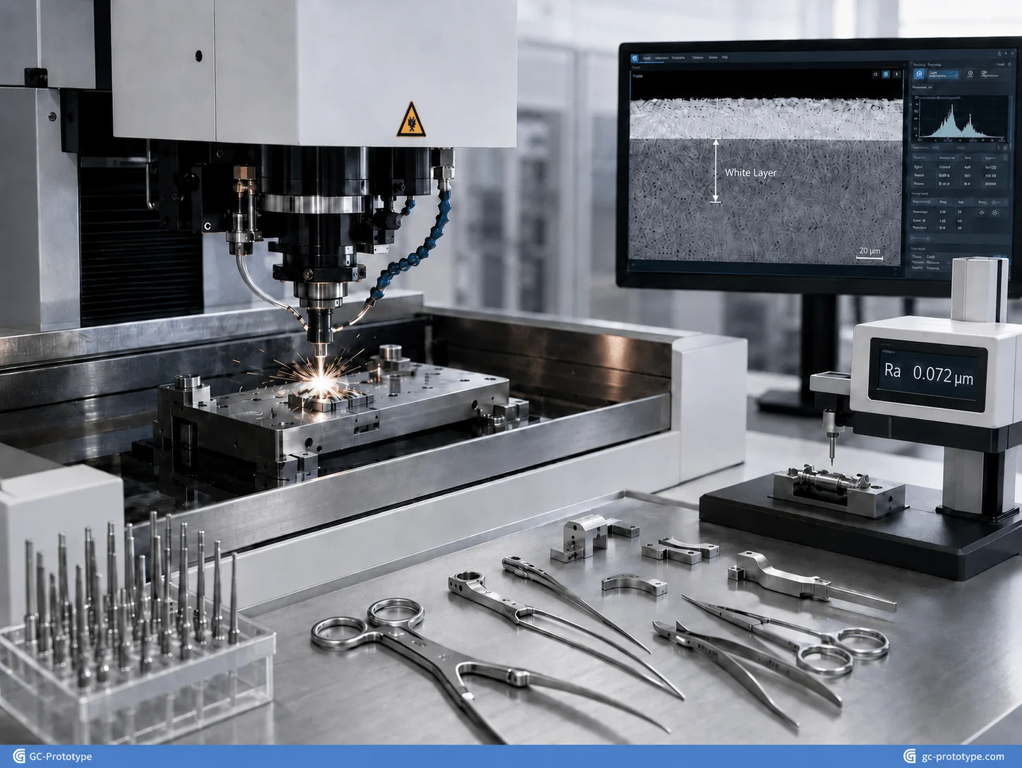 Biocompatible surface finish for medical EDM parts with white-layer control and precision quality inspection