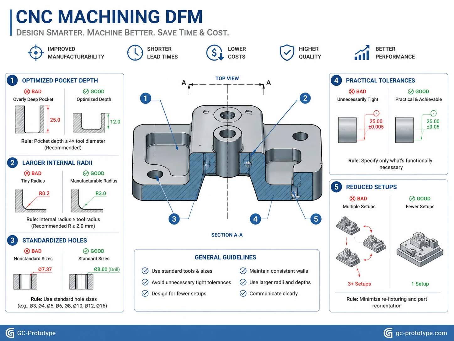 CNC machining DFM guidelines for reducing low-volume part cost and machining time