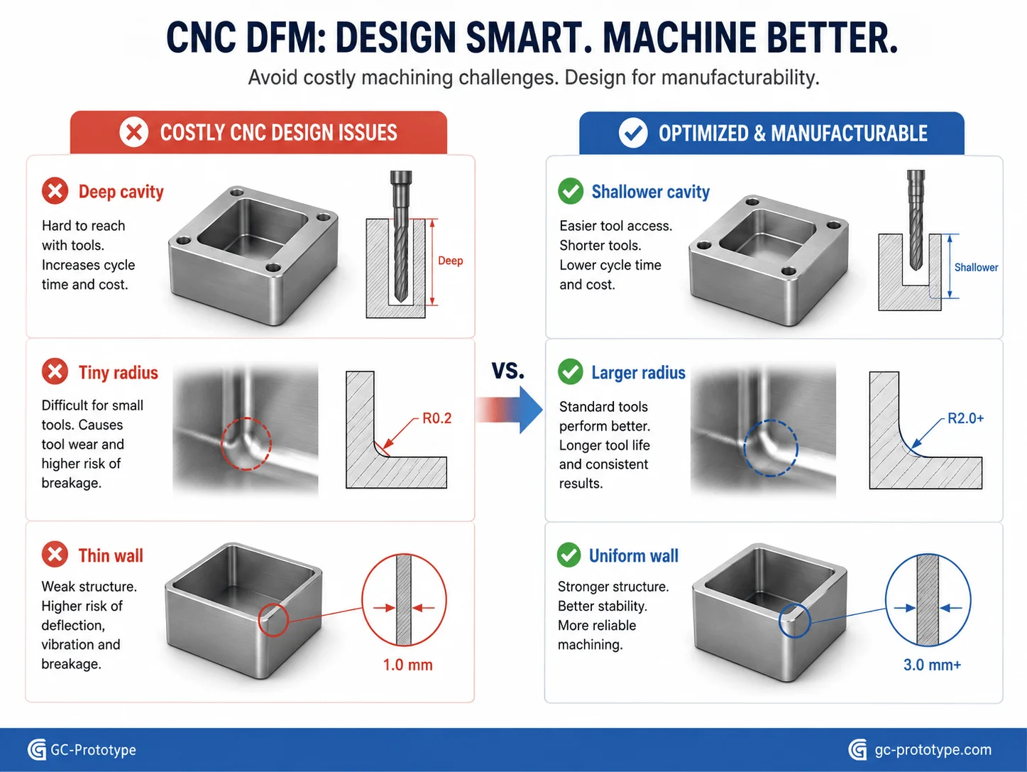 CNC machining DFM rules for internal radii, wall thickness, and deep cavities