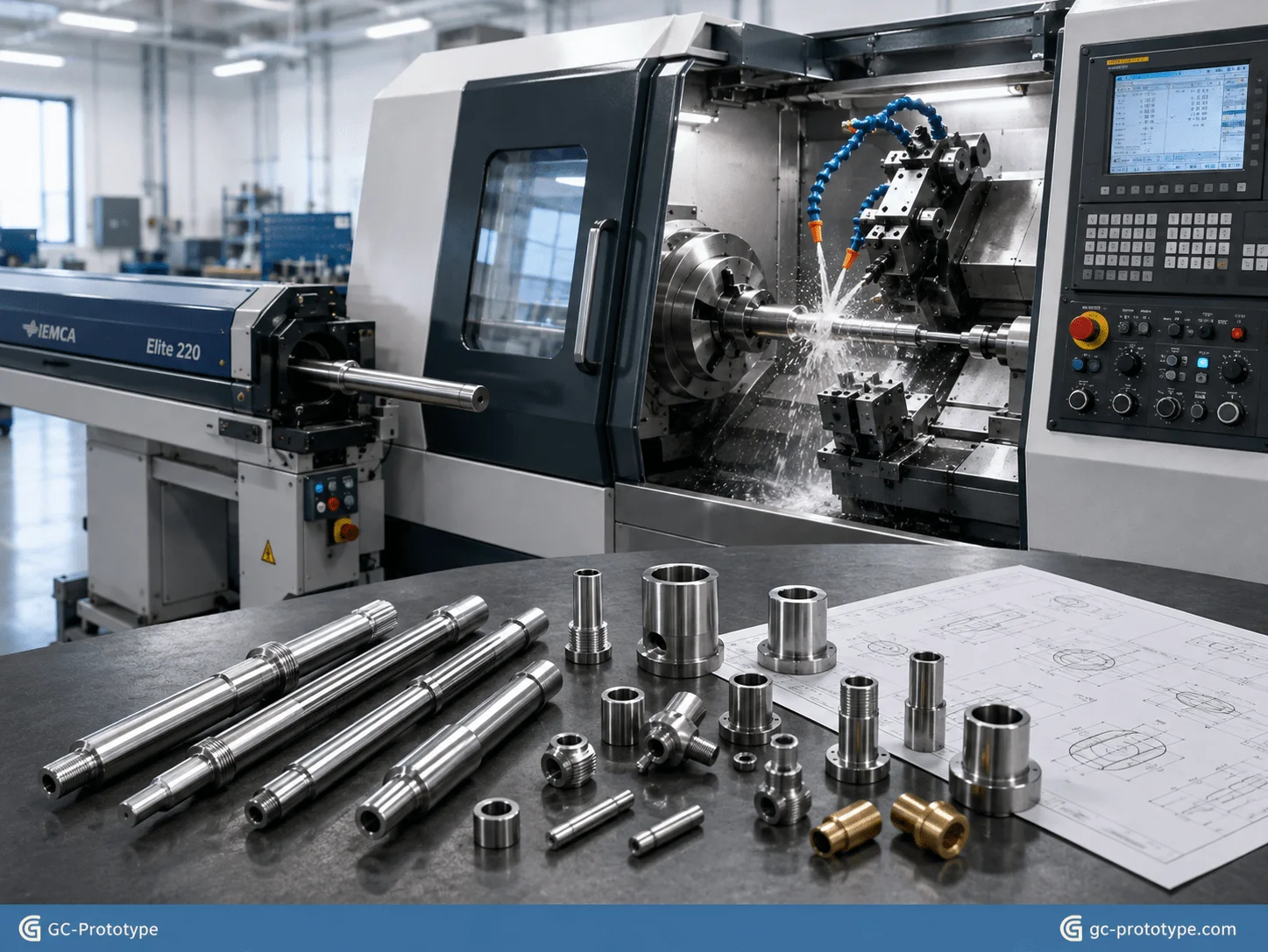 CNC turning process producing precision shafts and low-volume machined components for industrial applications