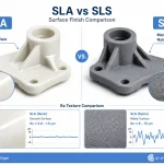 Comparison of SLS vs SLA 3D printing surface roughness showing smooth resin prototypes and functional nylon engineering parts