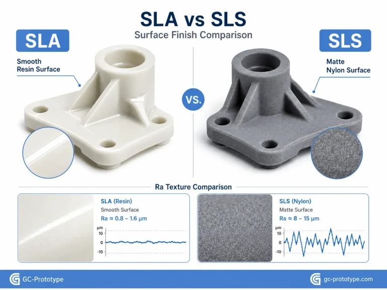 Comparison of SLS vs SLA 3D printing surface roughness showing smooth resin prototypes and functional nylon engineering parts
