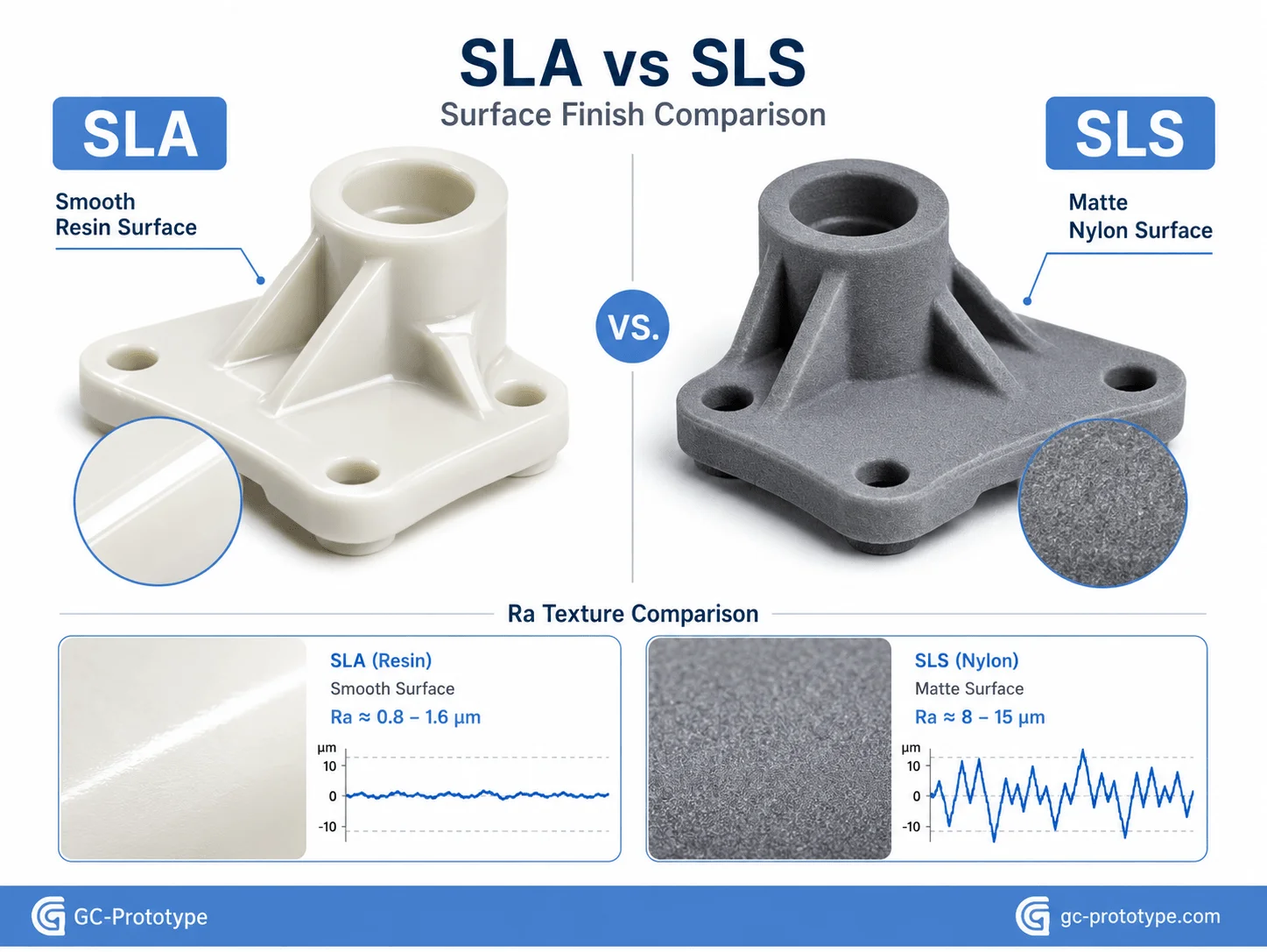 Comparison of SLS vs SLA 3D printing surface roughness showing smooth resin prototypes and functional nylon engineering parts