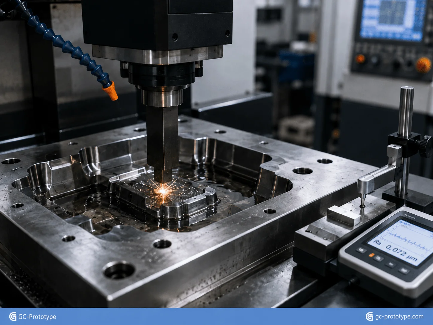 EDM surface treatment machining hardened mold steel with controlled spark erosion and precision surface finishing