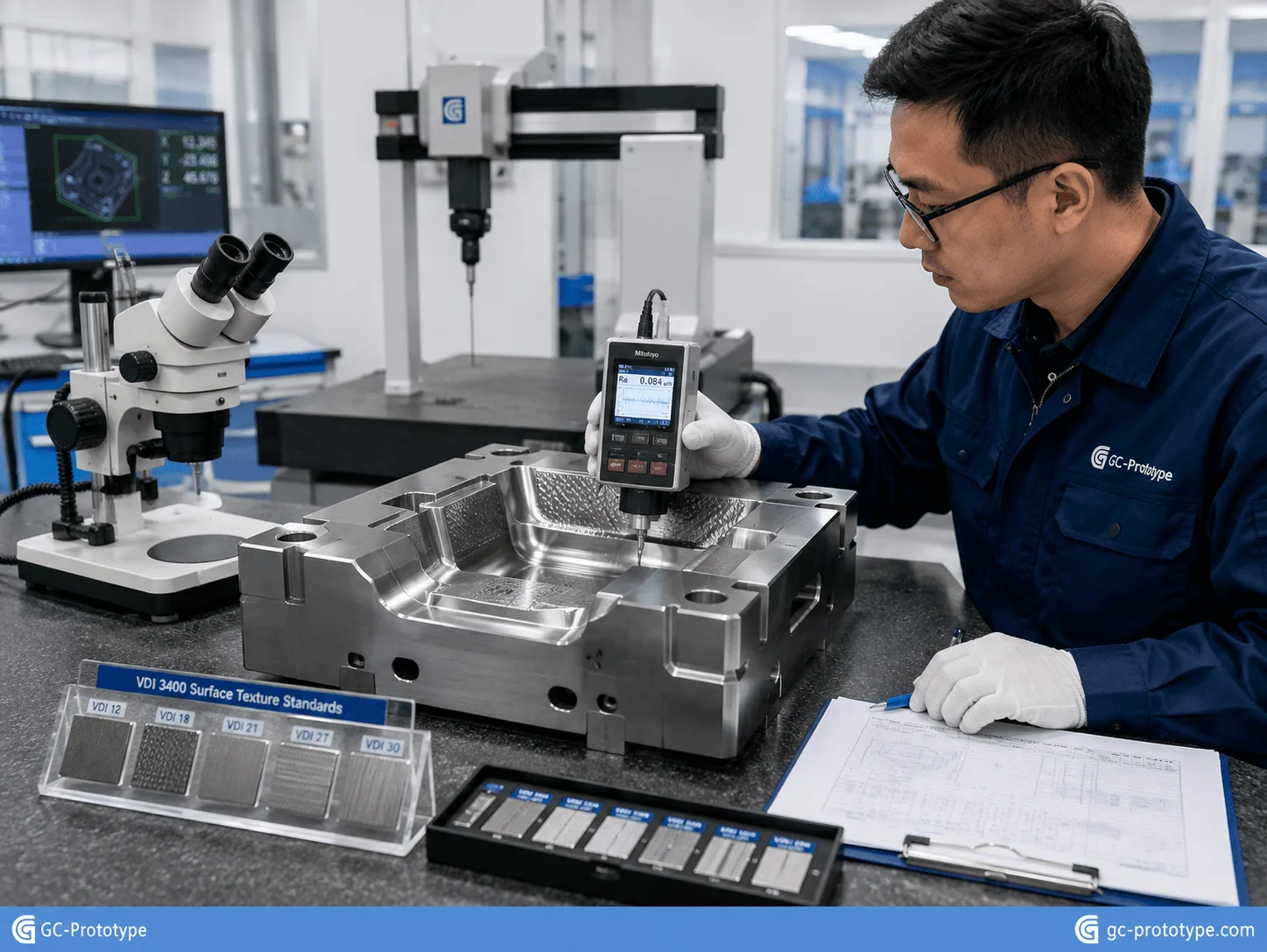 EDM surface treatment quality inspection using Ra measurement, microscopy, CMM, and VDI texture standards