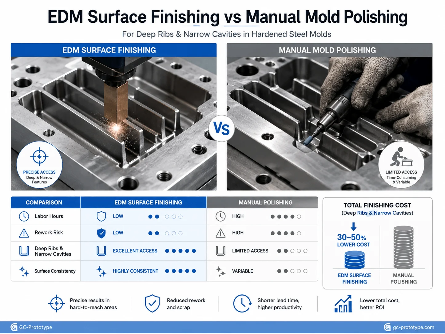 EDM surface treatment vs manual polishing cost for deep mold ribs and complex precision cavities