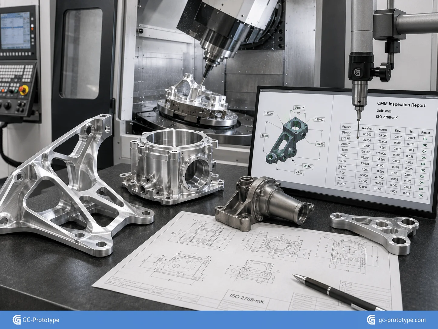 Five-axis CNC machining for aerospace components and ISO 2768 tolerance control