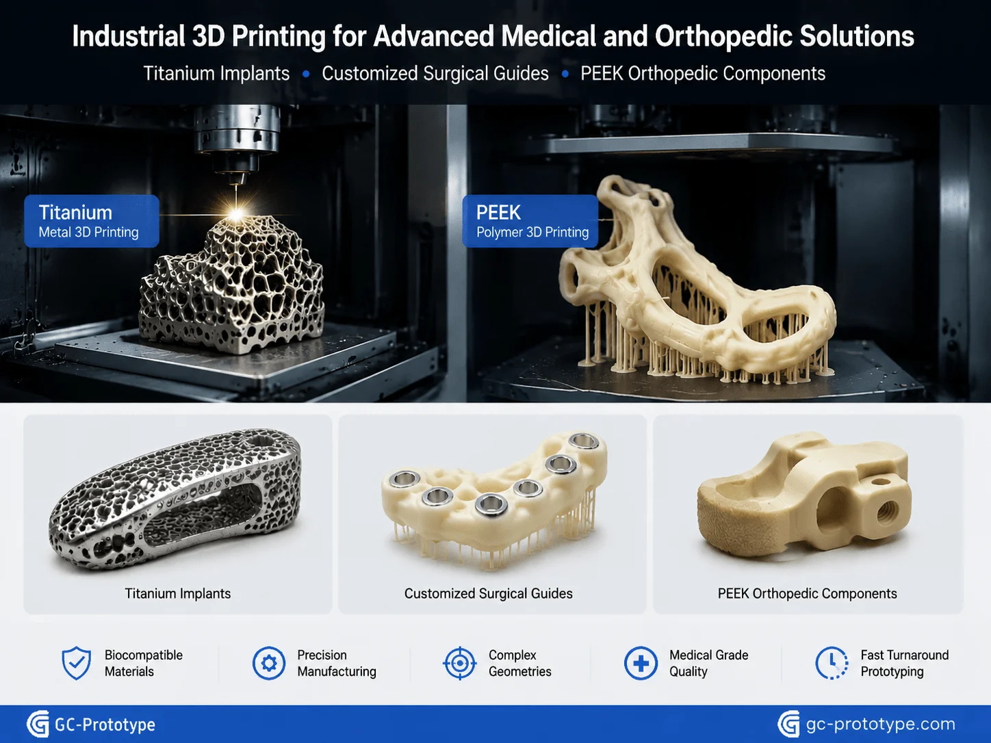 Industrial 3D printing of titanium medical implants, surgical guides, and PEEK healthcare components for customized medical device manufacturing