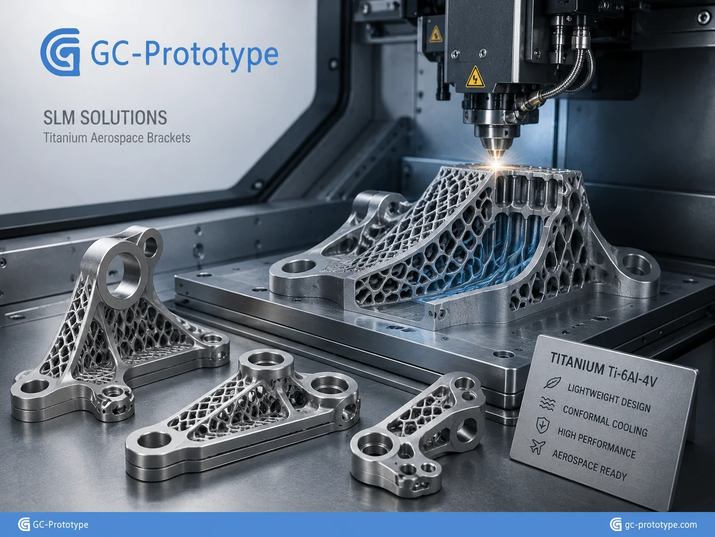 Metal 3D printing for aerospace prototyping featuring titanium brackets, lightweight lattice structures, and conformal cooling channels