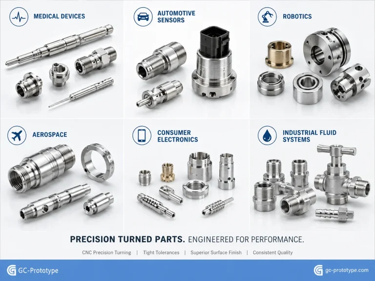 Precision CNC turning applications across medical, automotive, robotics, and aerospace industries