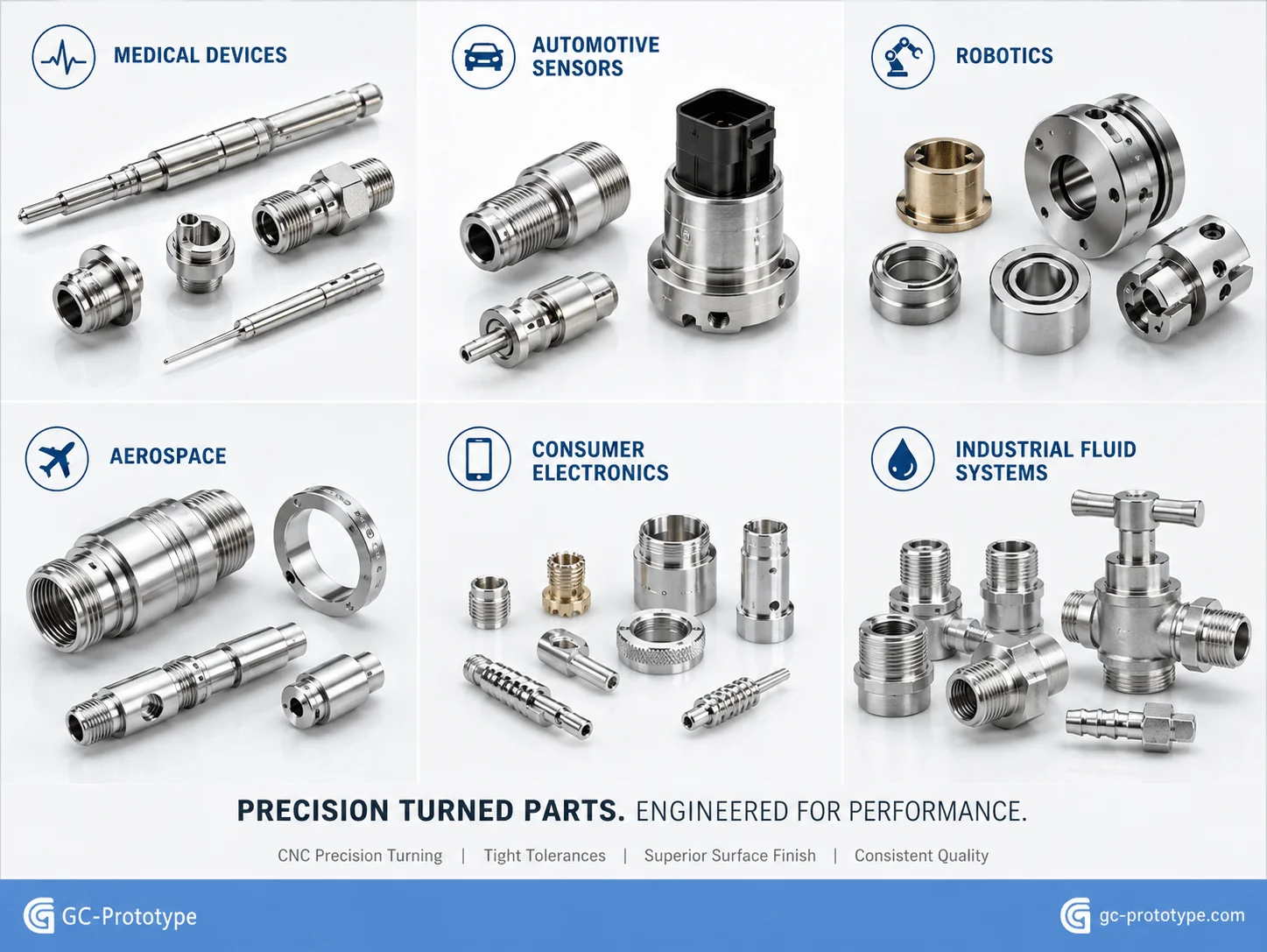 Precision CNC turning applications across medical, automotive, robotics, and aerospace industries