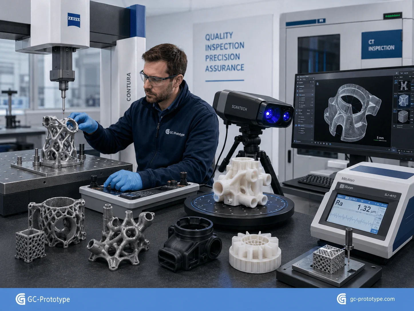 Quality inspection of industrial 3D printed components using CMM measurement, 3D laser scanning, and precision dimensional verification