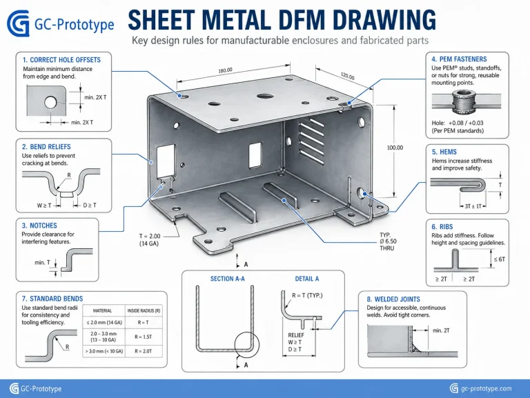 Sheet metal DFM rules for hole offsets, notches, hardware inserts, and cost reduction
