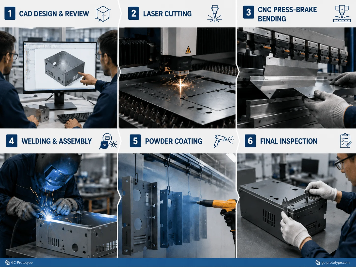Sheet metal fabrication workflow from CAD design to laser cutting, bending, finishing, and quality inspection